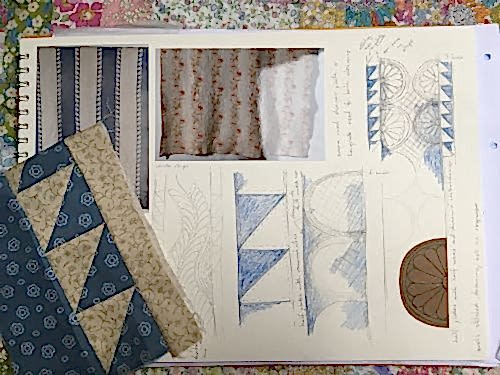 Sketchbook on Blue and White Sawtooth Strippy Quilt